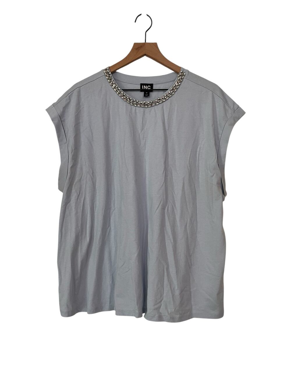 INC International Concepts Womens Jeweled Neckline Blue Blouse Size 2X